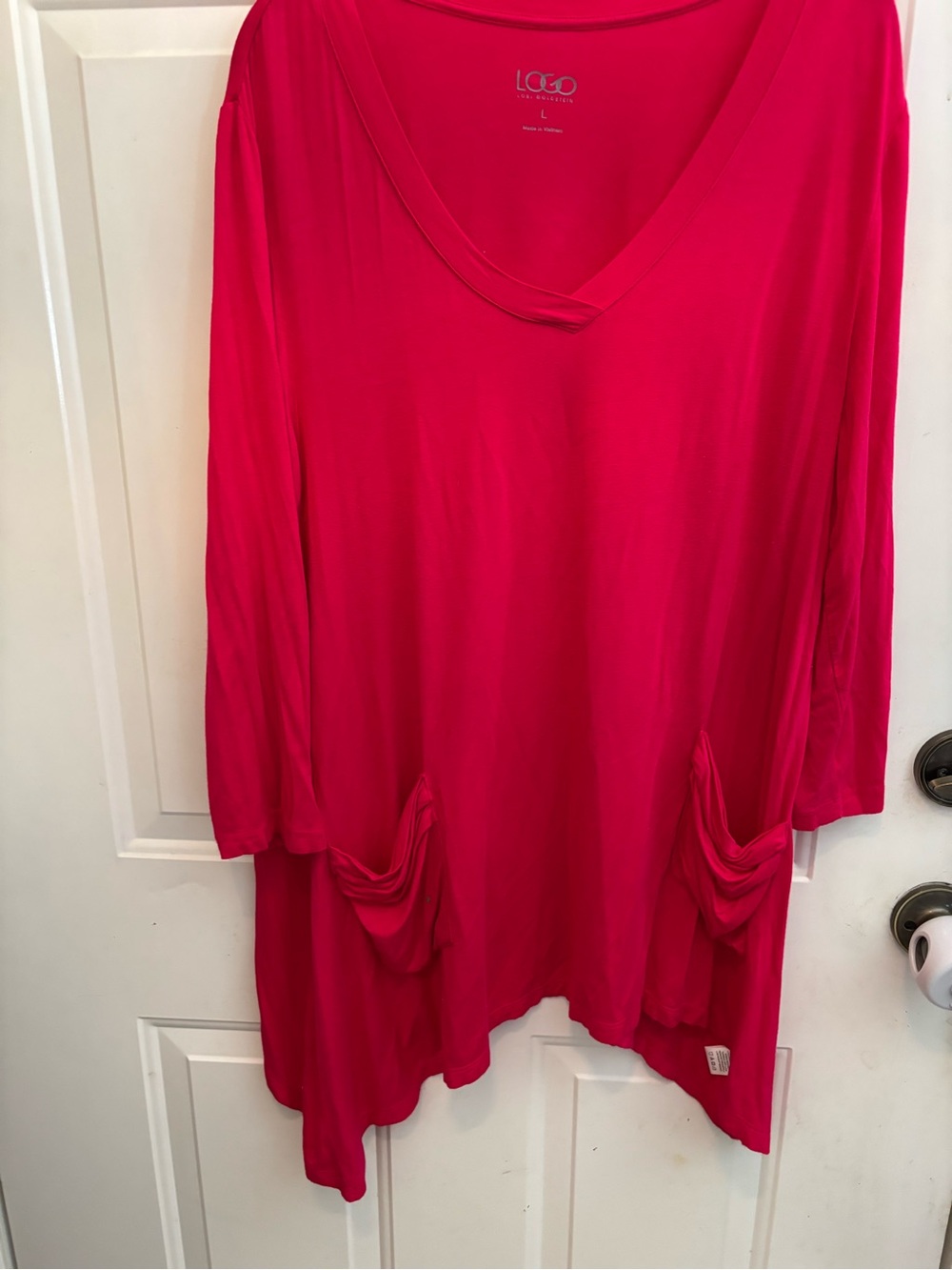 LOGO by Lori Goldstein Bright Fuchsia V-Neck Tunic with Pocket Drape